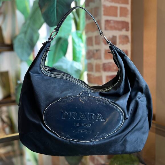 Prada Handbags - PRADA Navy Blue Nylon Embossed Leather Logo Hobo Bag